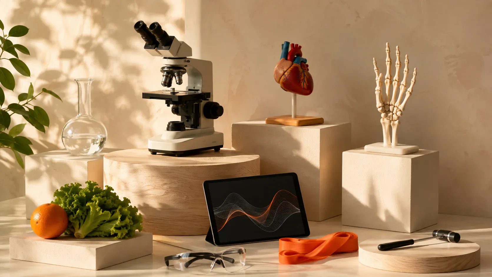 Microscópio, modelos anatômicos e materiais de nutrição e reabilitação em uma composição acadêmica